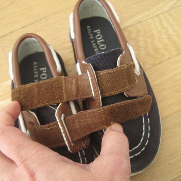 Polo Ralph Lauren Sander EX Boat Shoes Sz 9T Navy Brown Unisex Loafers Topsiders - Picture 5 of 8